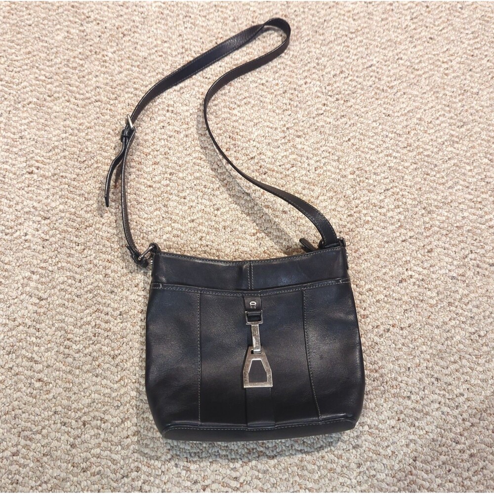 Etienne Aigner Leather Shoulder Bag Purse Black Silver Buckle
